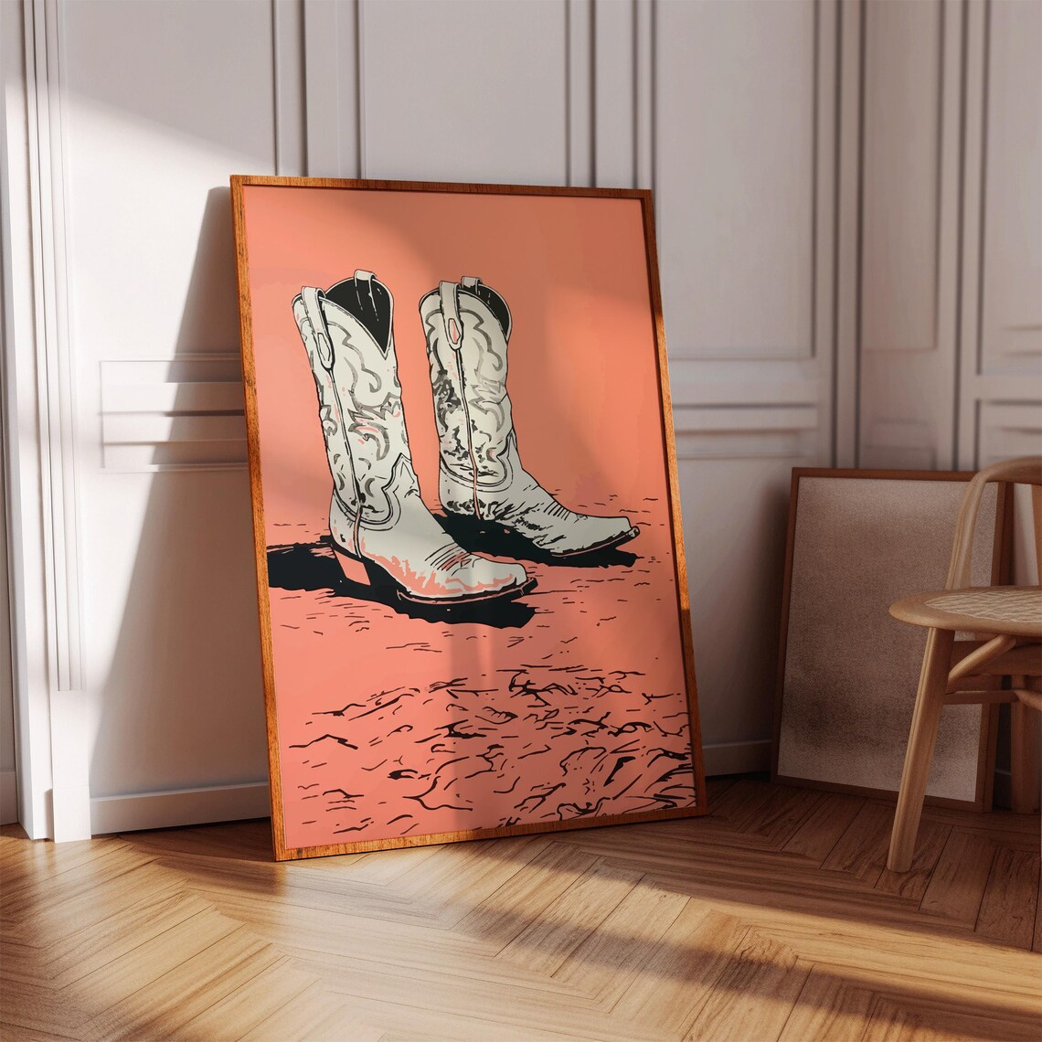 Trendy White Cowgirl Boots On Coral Pink Western Pop Art Poster