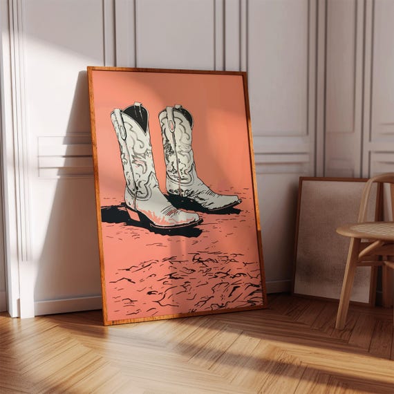 Cowgirl Boots Poster Howdy And Aloha Trendy Art Sign Pink Print Costal Decor Orange Wall