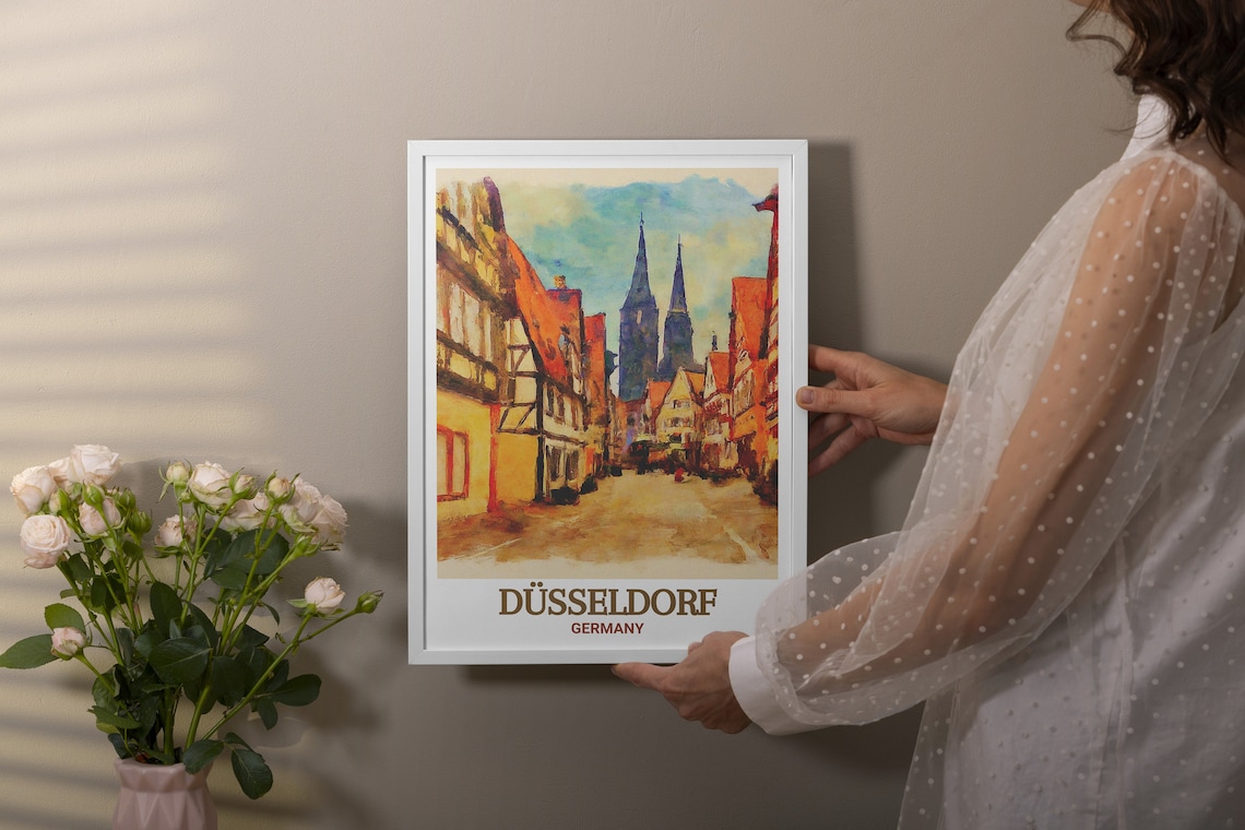 Düsseldorf Germany Altstadt Twin Church Street Watercolor Poster - Image 3