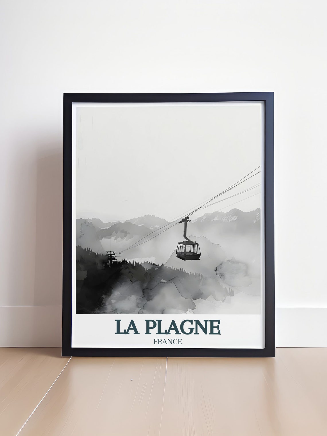 La Plagne Cable Car Misty Mountains Monochrome Watercolor Poster - Image 4