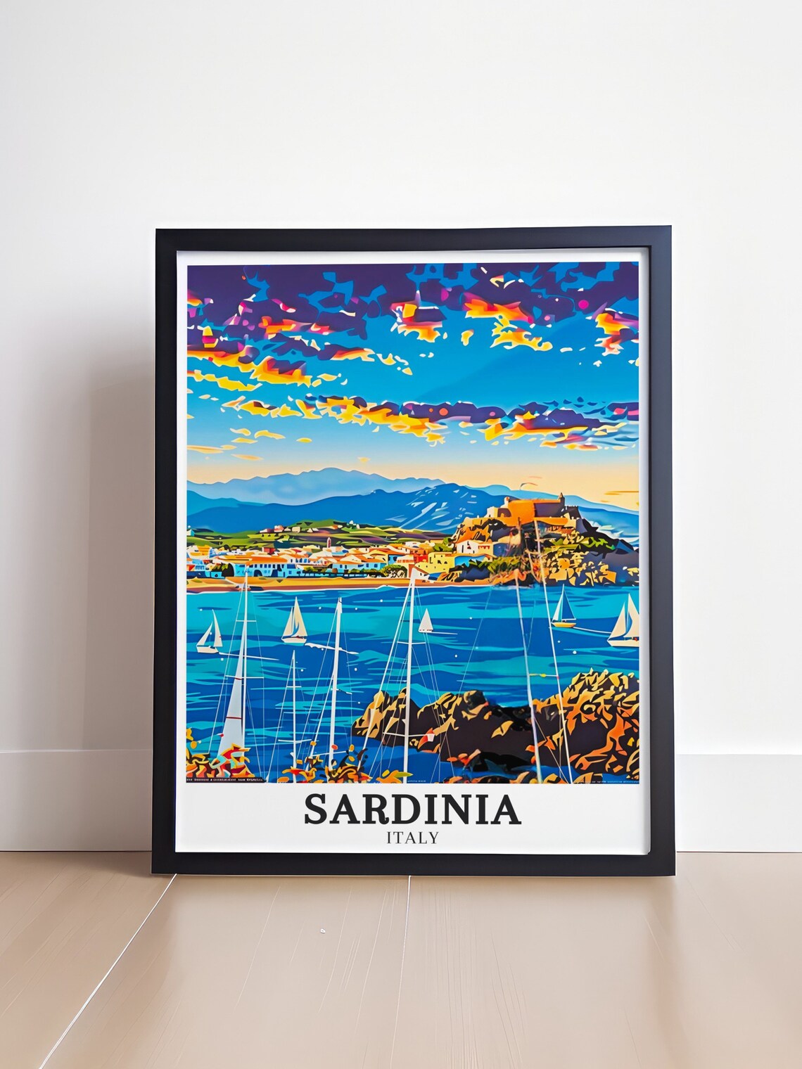 Sardinia Italy Coastal Town at Sunset With Moored Sailboats Poster - Image 4