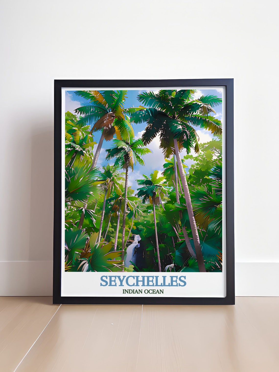 Seychelles Indian Ocean Tropical Palm Forest Waterfall Travel Poster - Image 4