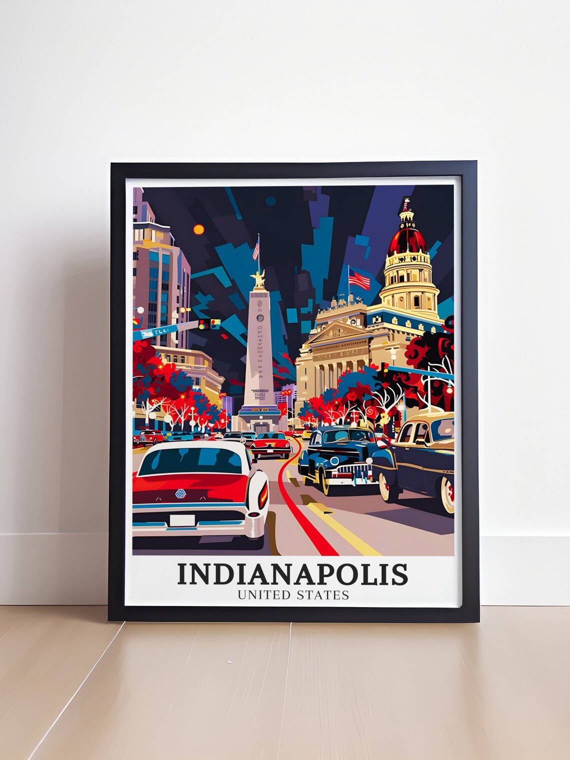 Indianapolis Monument Night Classic Cars Vintage Travel Poster - Image 4
