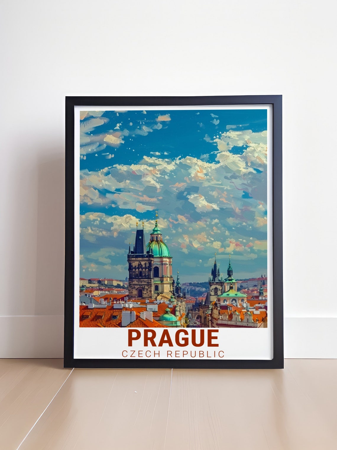 Prague Red Rooftops Green Dome Dramatic Skyline Czech Travel Poster - Image 4
