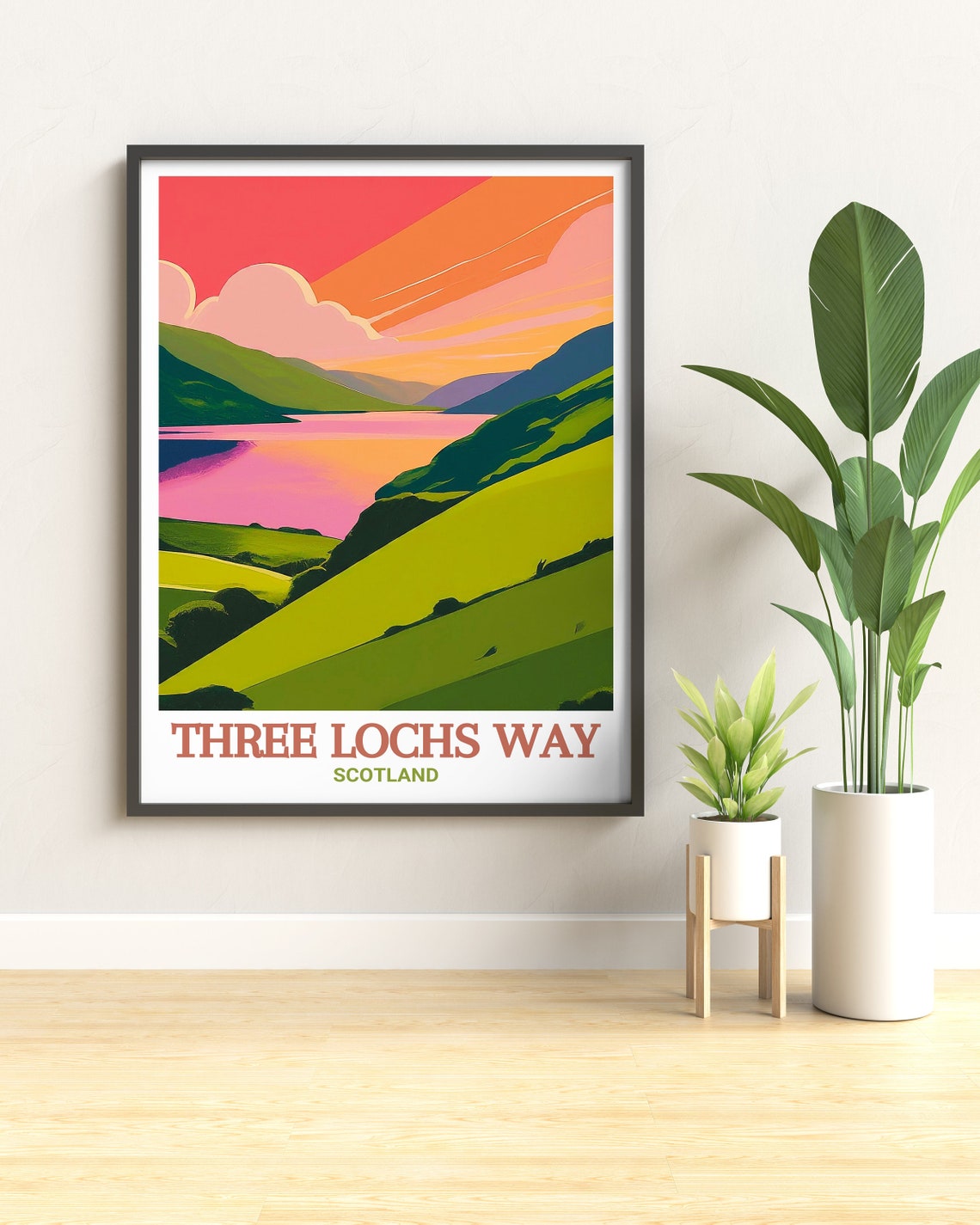 Three Lochs Way Scotland Sunset Loch Green Hills Pink Sky Poster - Image 3