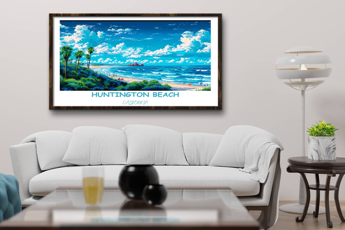 Huntington Beach California Pier Palms Aerial Coast Travel Poster - Image 2