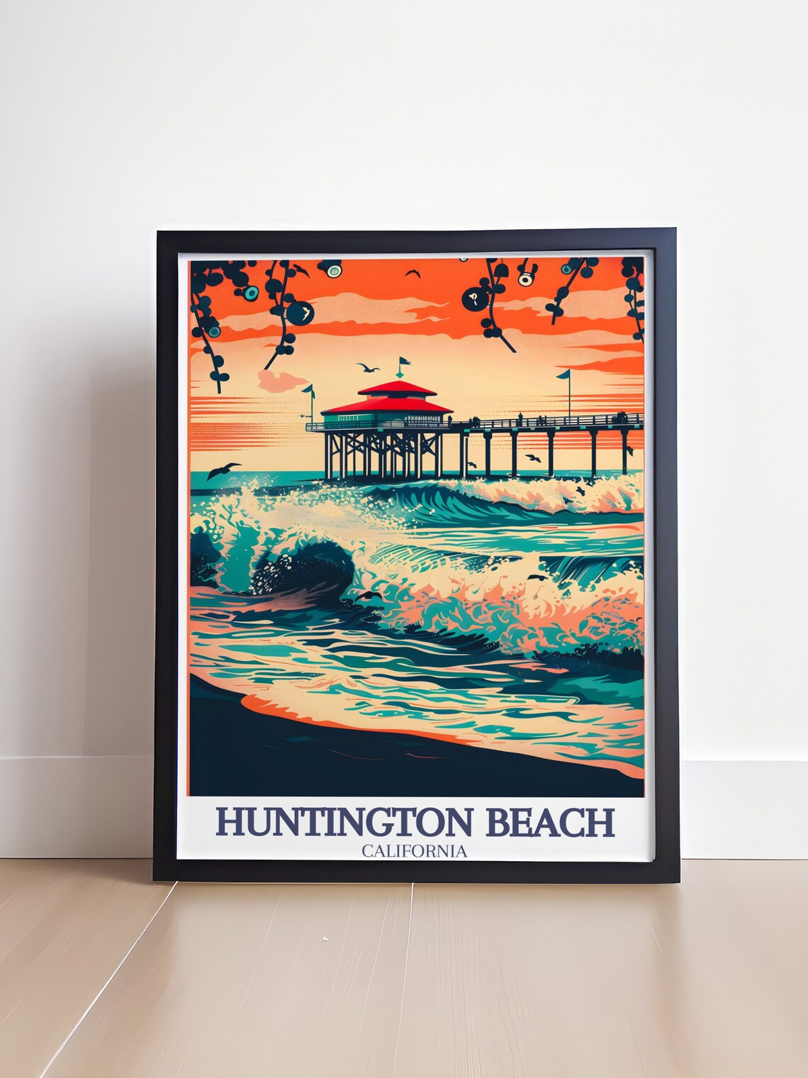 Huntington Beach Pier at Sunset With Big Crashing Waves Travel Poster - Image 4