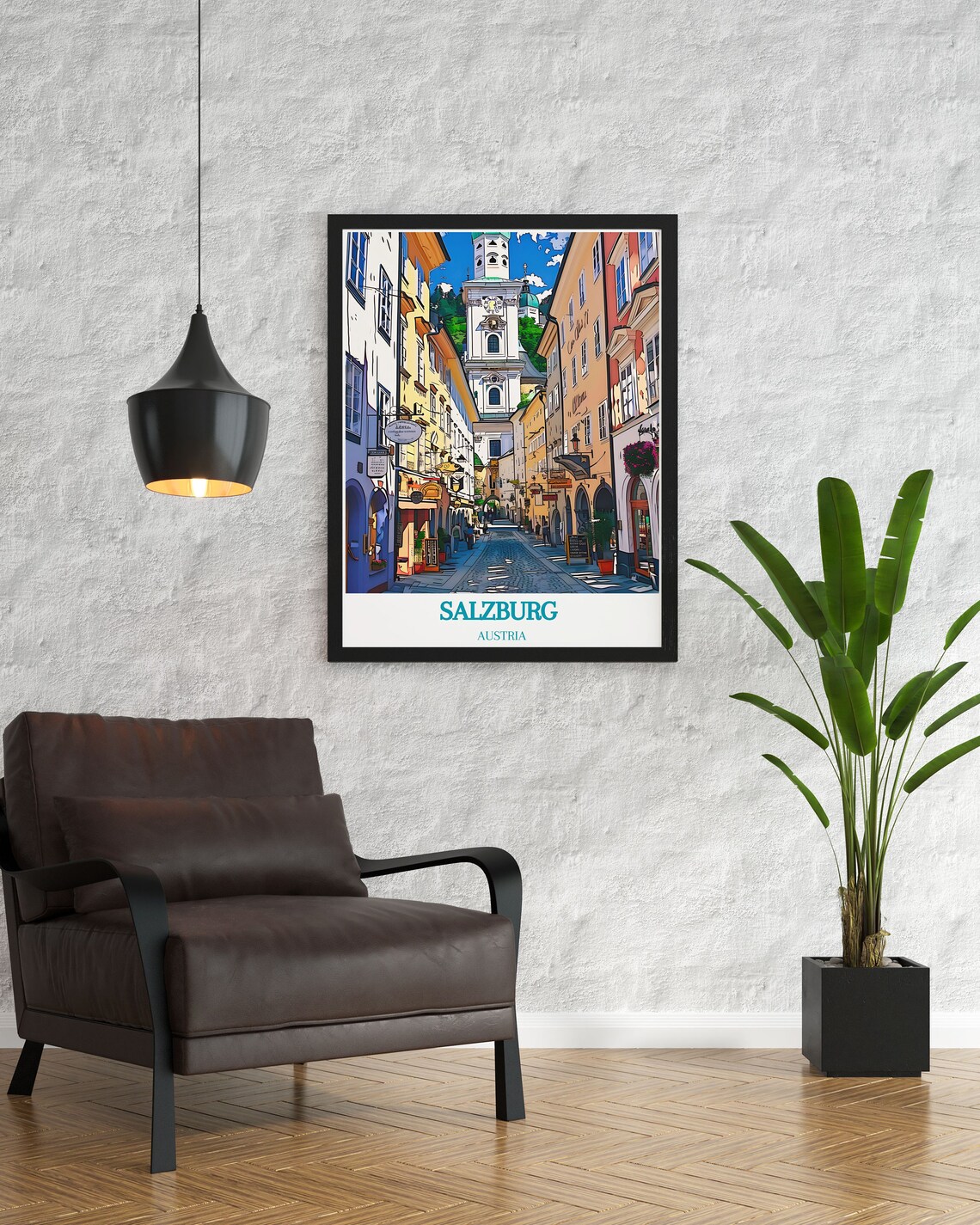 Salzburg Old Town Cobblestone Street Church Tower Austria Poster - Image 2