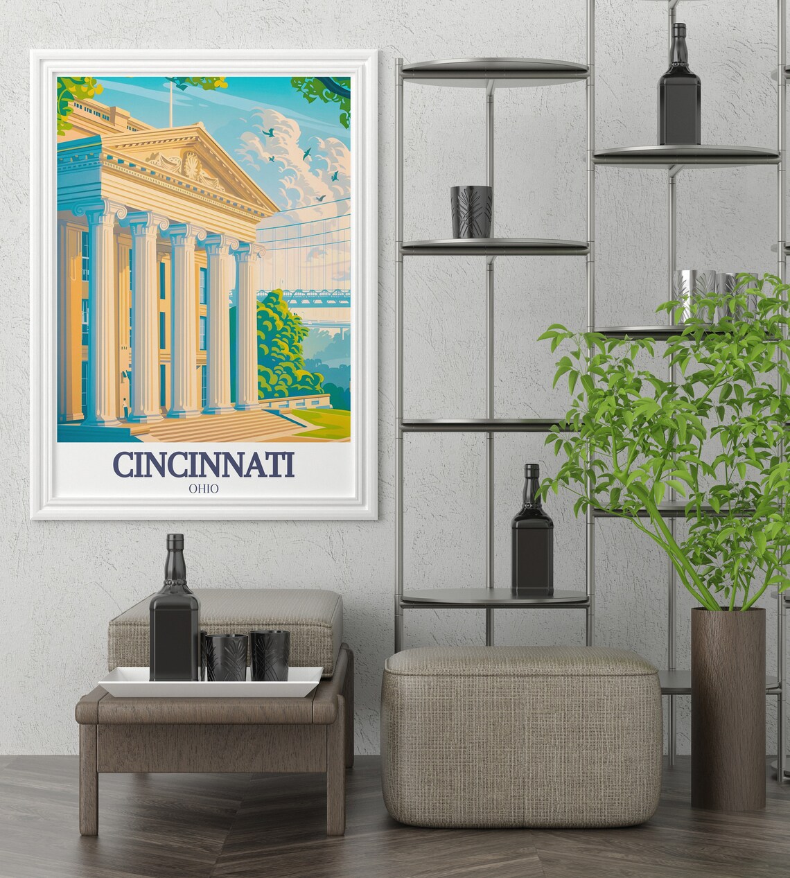 Cincinnati Art Museum And Roebling Bridge Vintage Travel Poster - Image 3