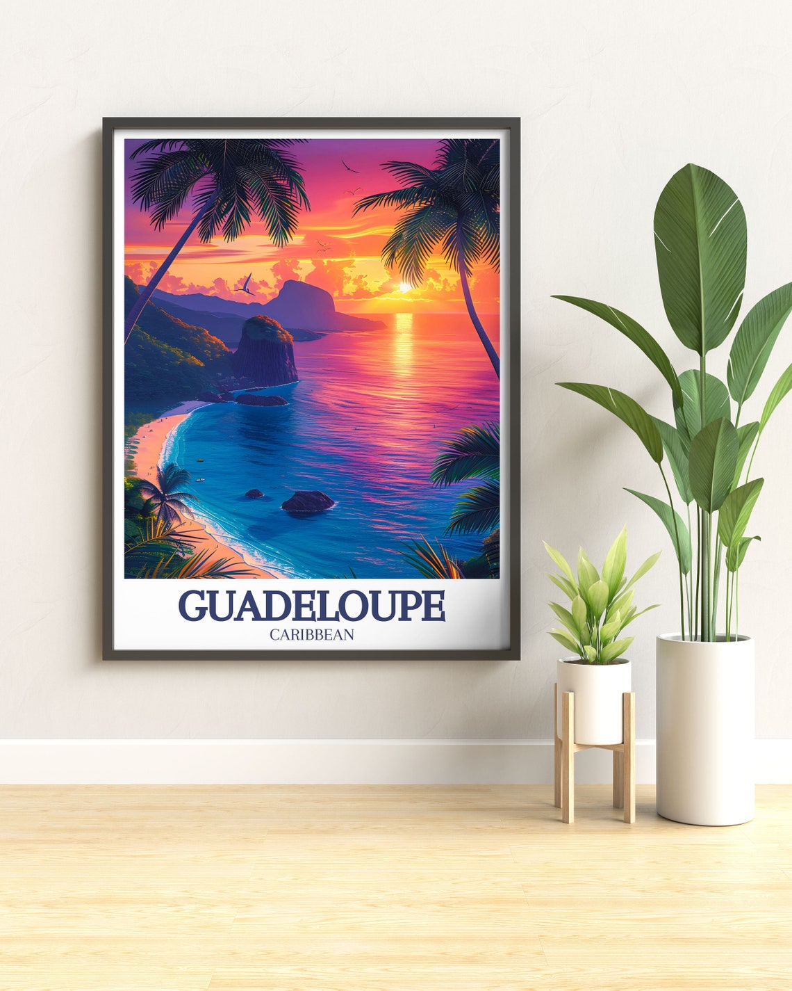 Guadeloupe Caribbean Volcano Sunset Palm Beach Travel Poster - Image 2