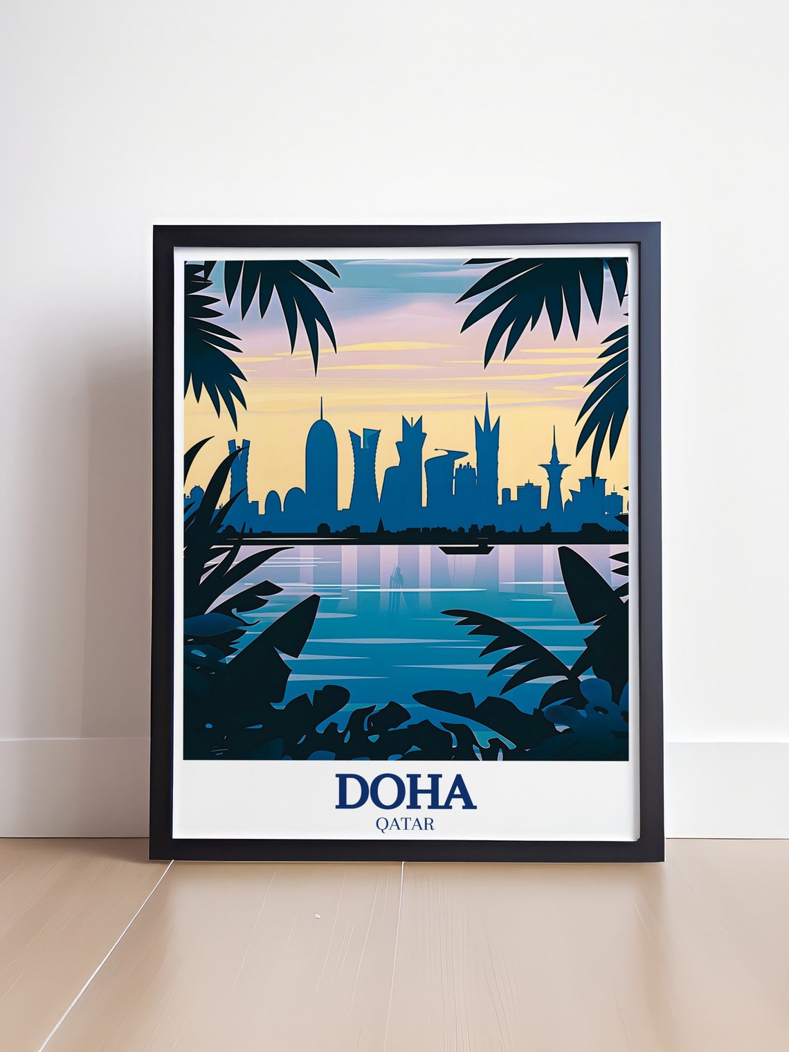 Doha Qatar Skyline at Dusk Framed by Tropical Palm Fronds Poster - Image 4