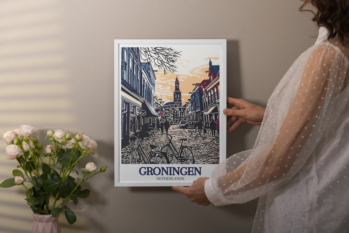 Groningen Cobblestone Street Bikes Linocut Style Netherlands Poster - Image 2