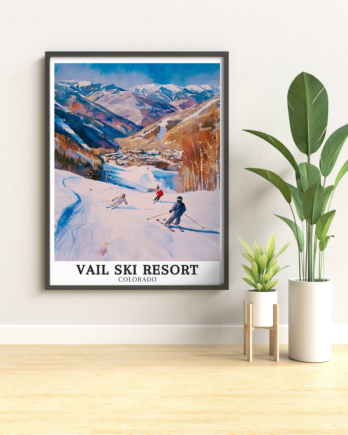 Vail Ski Resort Colorado Watercolor Skiers Valley Village Poster - Image 3