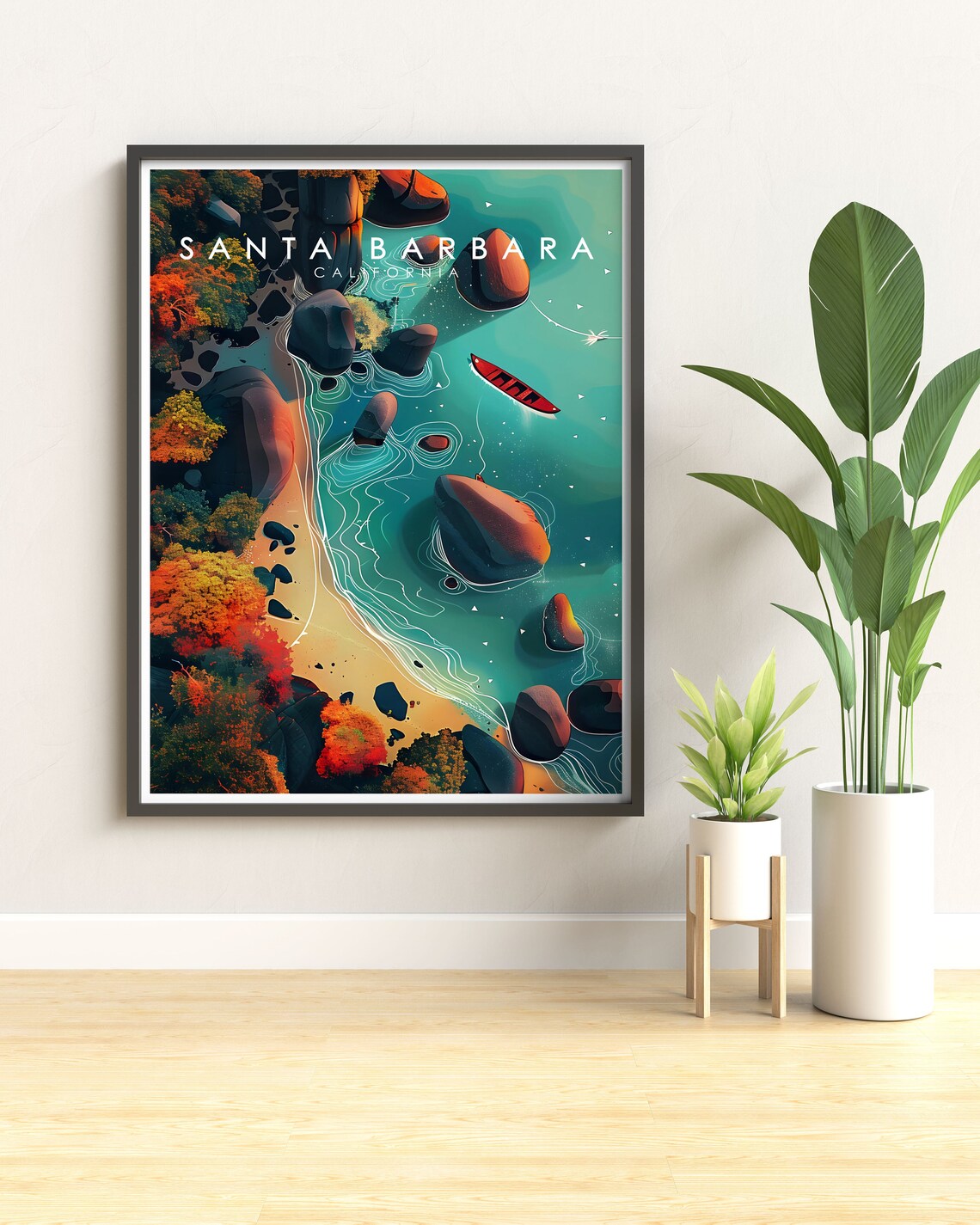 Santa Barbara California Rocky Coast Kayak Aerial Travel Poster - Image 3