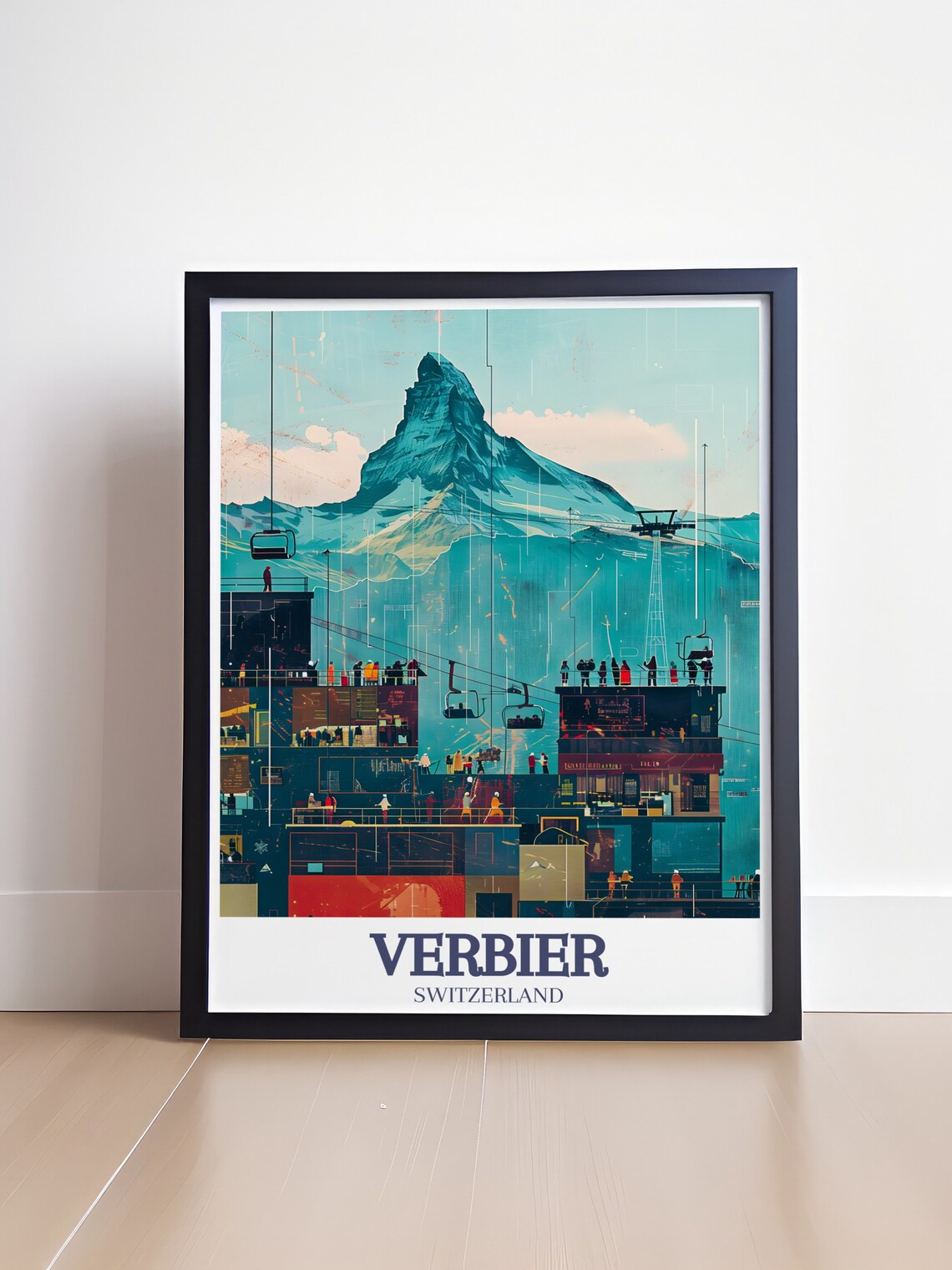 Verbier Switzerland Gondolas Beneath Mountain Peak Travel Poster - Image 4