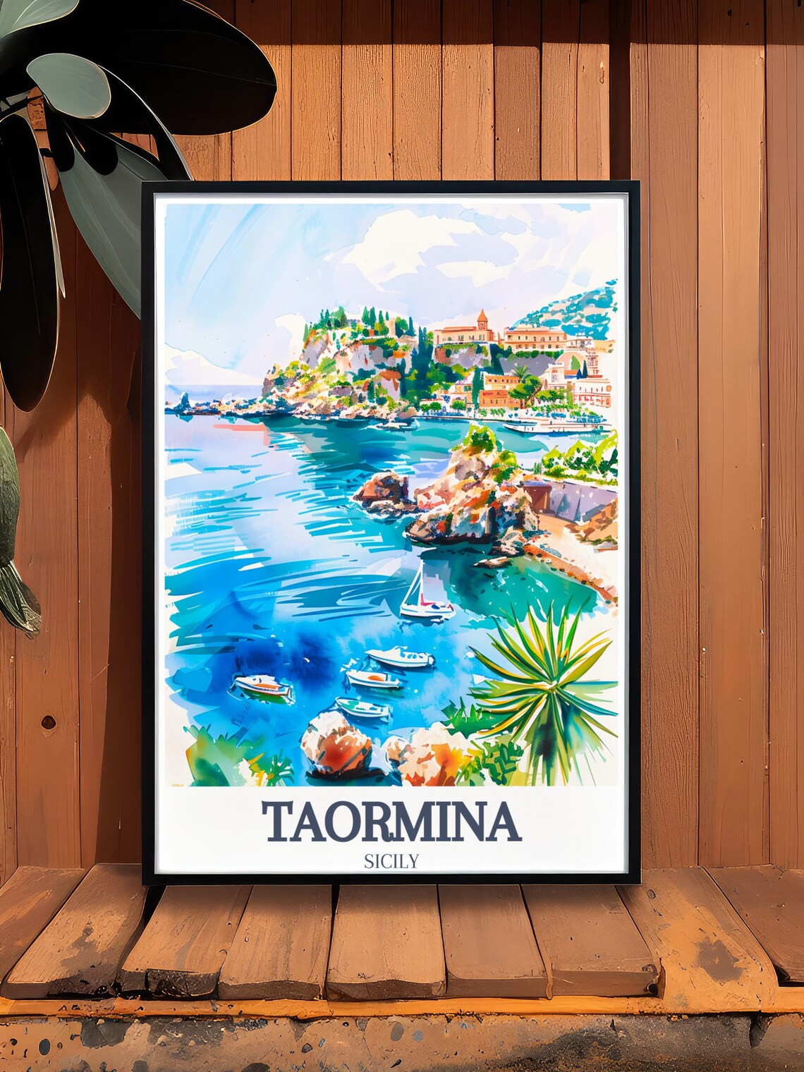 Taormina Sicily Isola Bella Watercolor Boats Coast Travel Poster - Image 3