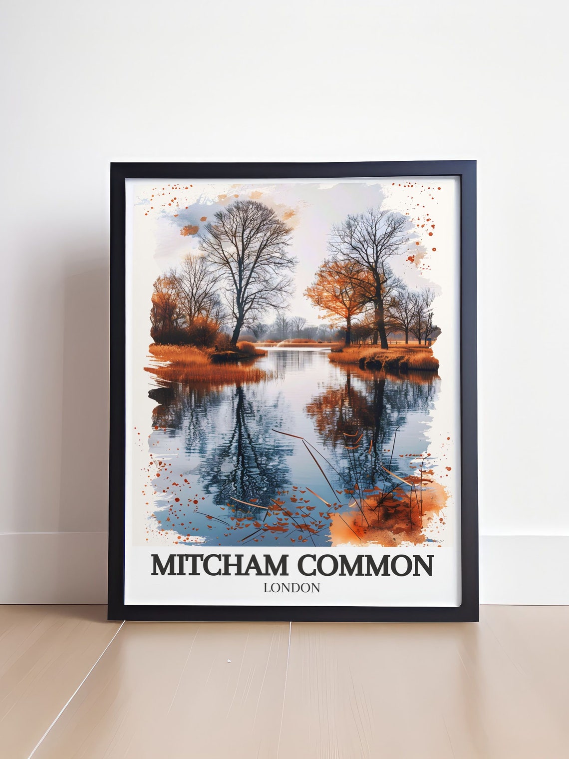 Mitcham Common London Autumn Lake Reflection Watercolor Poster - Image 4