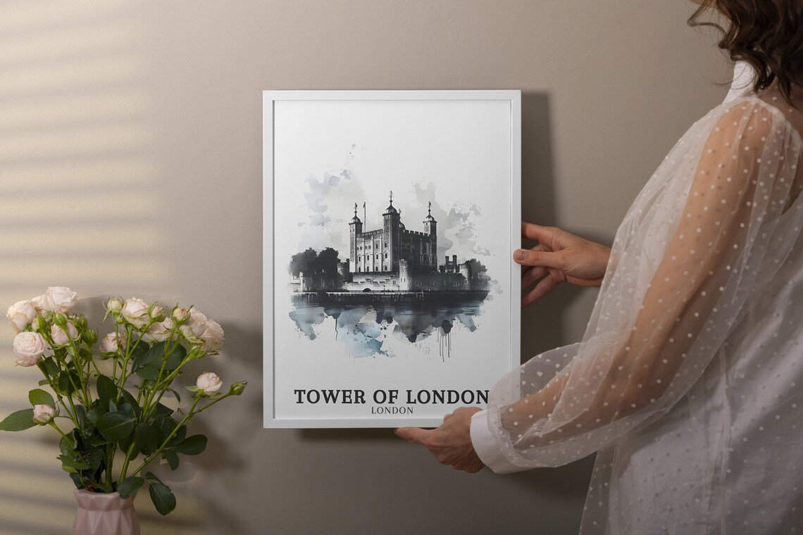 Tower Of London Monochrome Watercolor Thames Riverside London Poster - Image 2