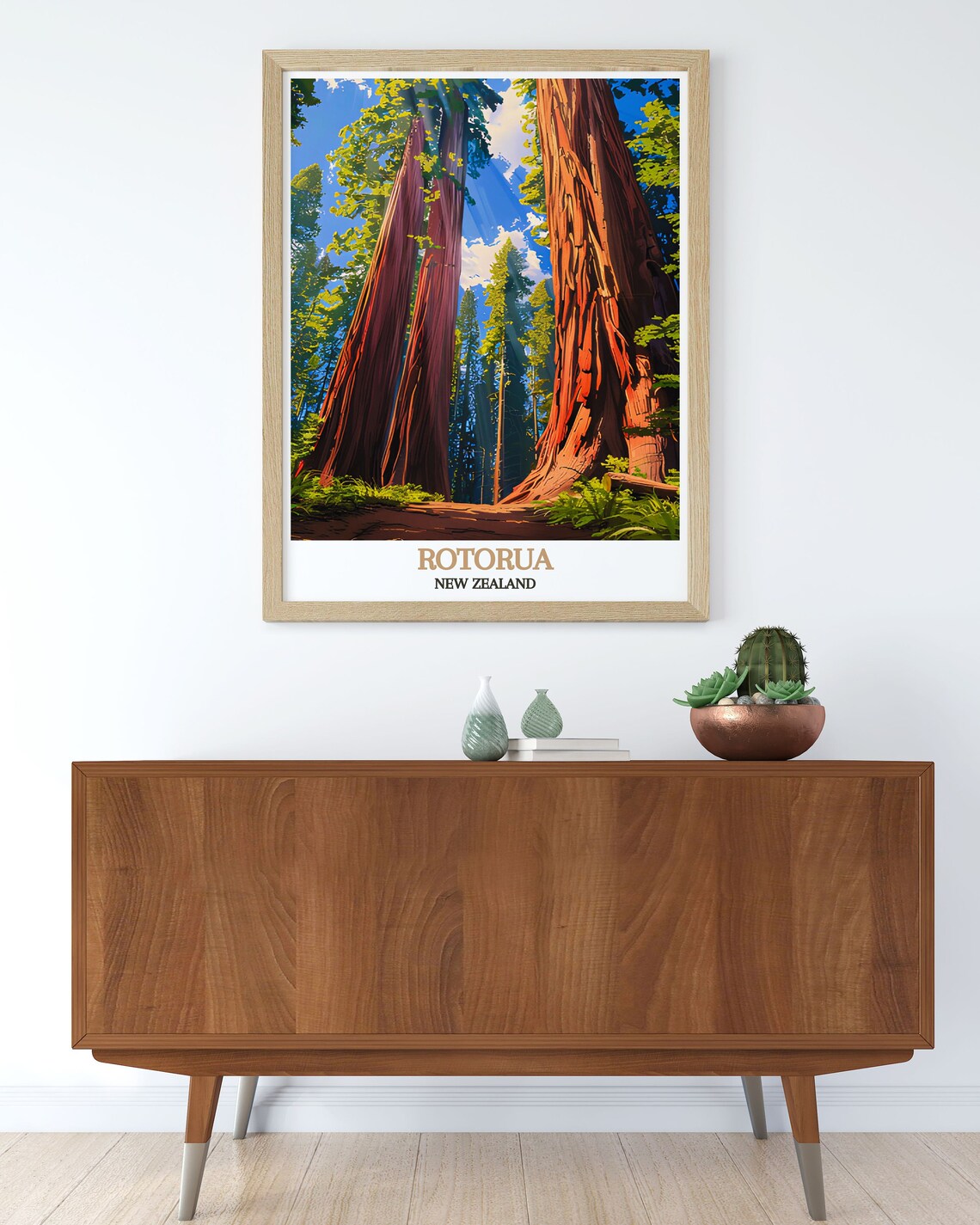 Rotorua New Zealand Towering Redwood Forest Travel Art Poster - Image 3