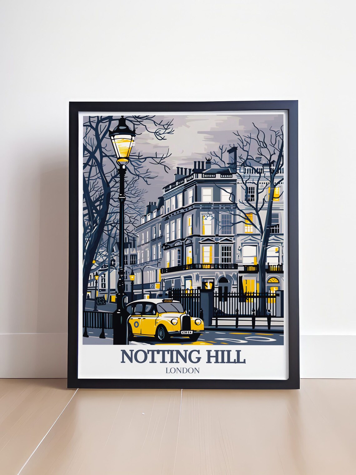 Notting Hill London Evening Lamp Lit Street Taxi Townhouse Glow Poster - Image 4