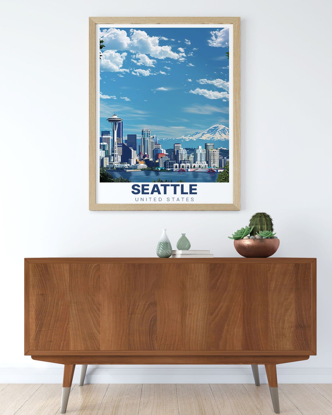 Seattle Space Needle Mount Rainier Bright Blue Sky Skyline Poster - Image 3