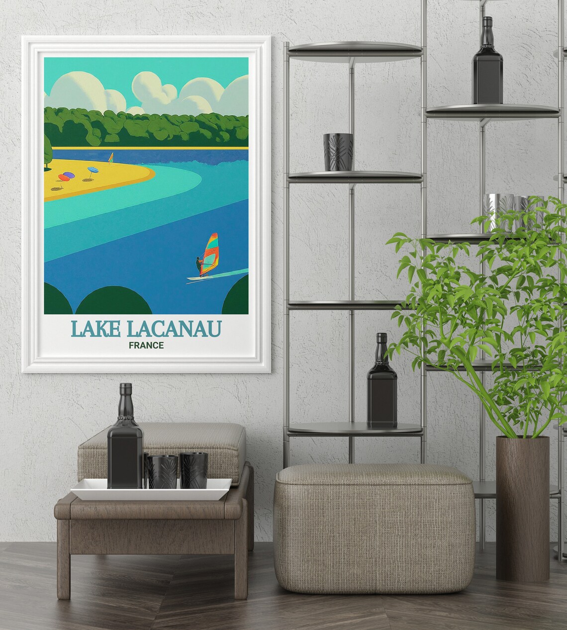 Lake Lacanau Windsurfing Retro Style Travel Illustration Poster - Image 3
