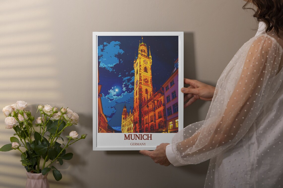 Munich Germany Old Town Clock Tower Moonlit Night View Travel Poster - Image 2