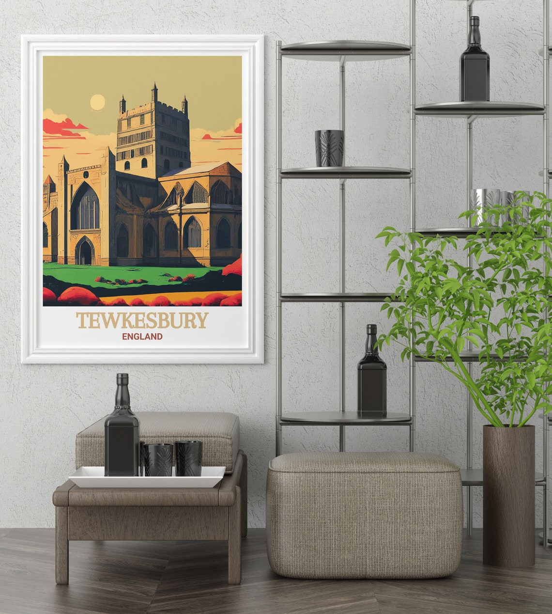 Tewkesbury Abbey At Sunset Retro Illustration England Poster - Image 3