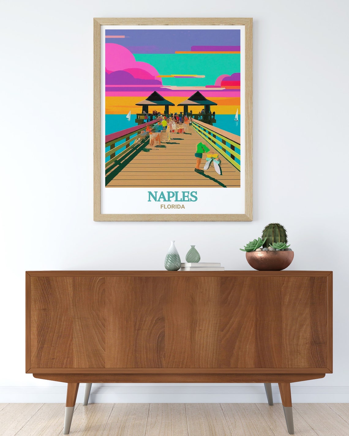 Naples Florida Pier Sunset Crowd Colorful Pop Art Beach Poster - Image 2