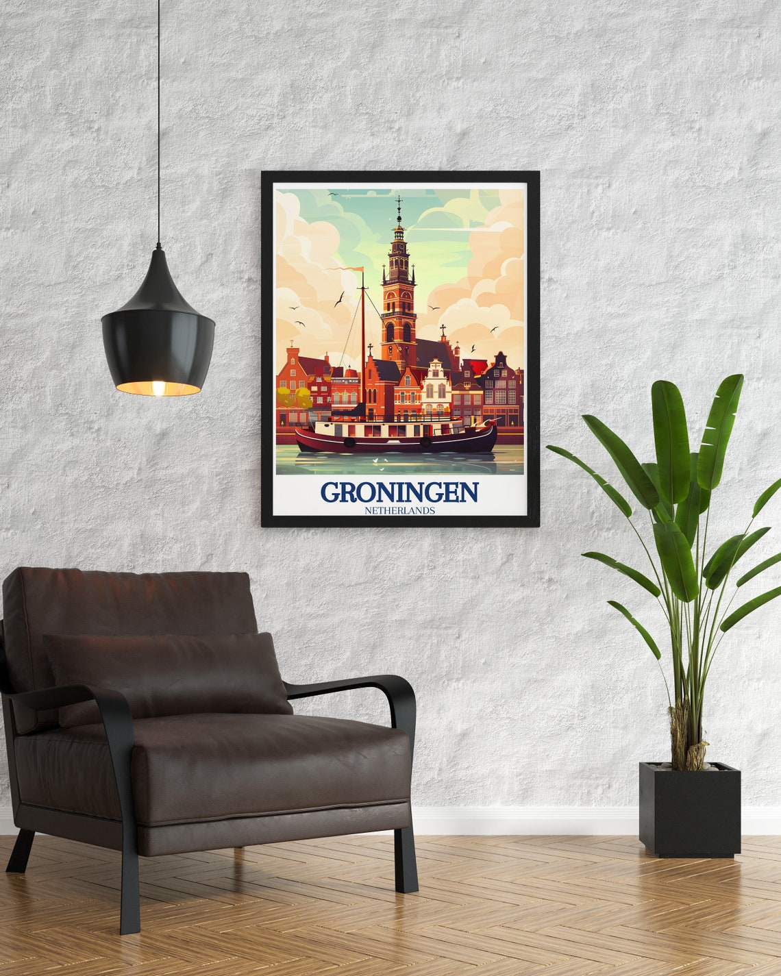 Groningen Canal Boat and Aa Church Gabled Houses Dutch City Poster - Image 3