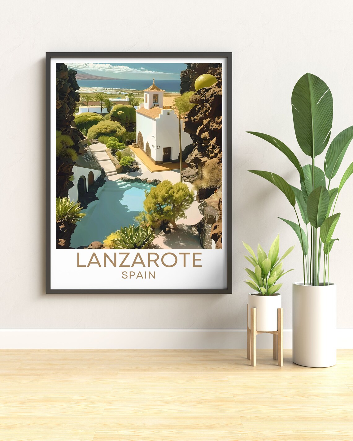 White Lanzarote Villa Pool Volcanic Garden Spain Travel Poster - Image 3