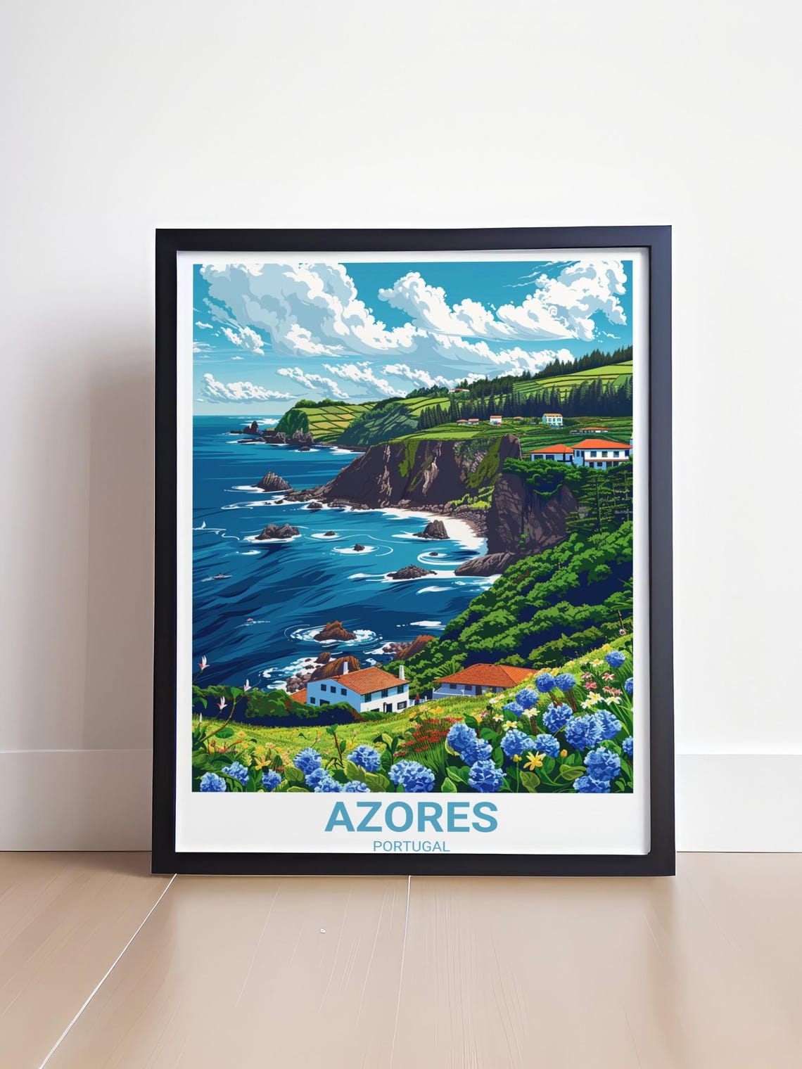 Azores Portugal Dramatic Cliffs Hydrangea Coast Travel Poster - Image 2