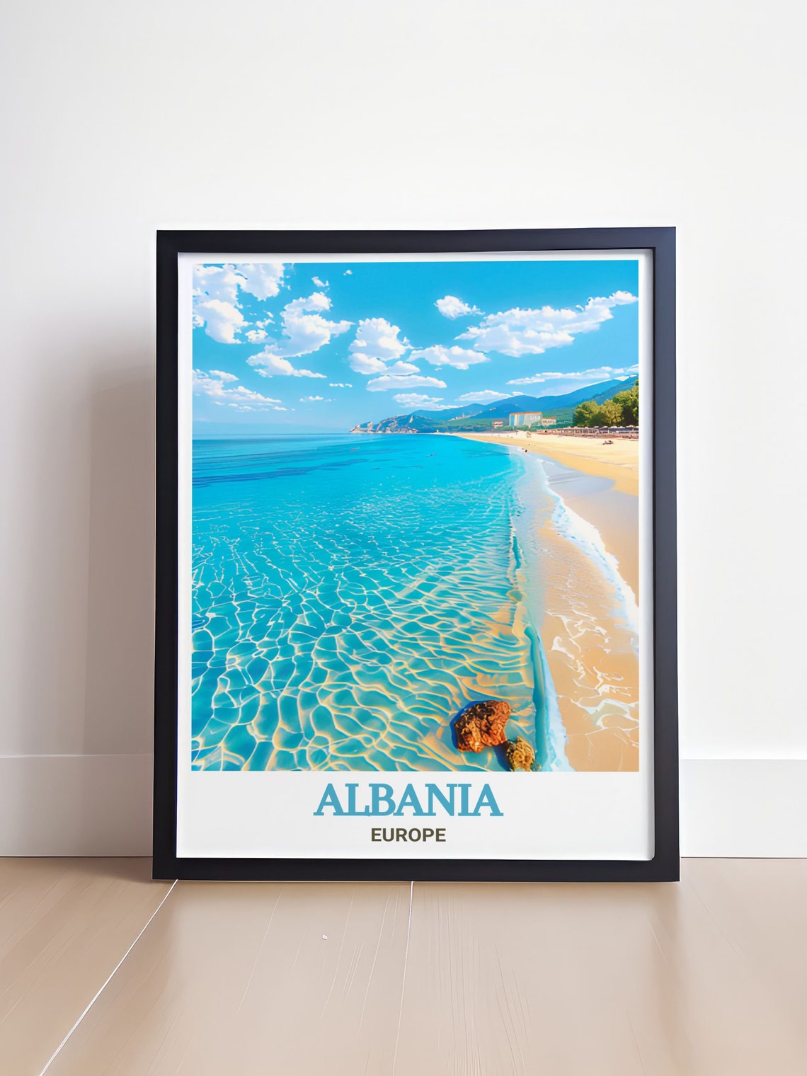 Dhermi Beach Turquoise Sea Golden Sandy Shore Travel Art Poster - Image 4