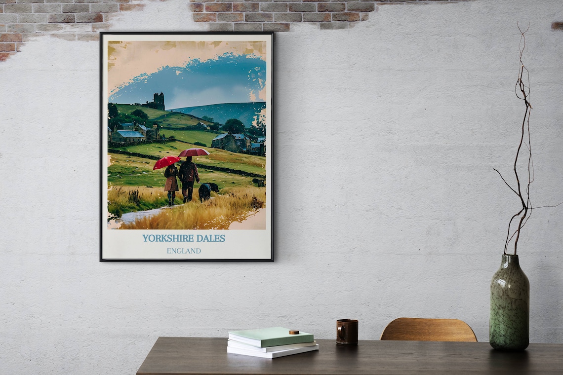 Yorkshire Dales England Countryside Poster With Red Umbrellas - Image 2
