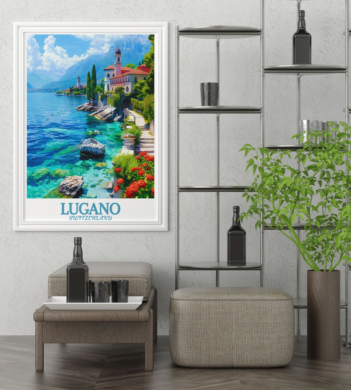 Lugano Switzerland Turquoise Lake Village Church Garden Poster - Image 2