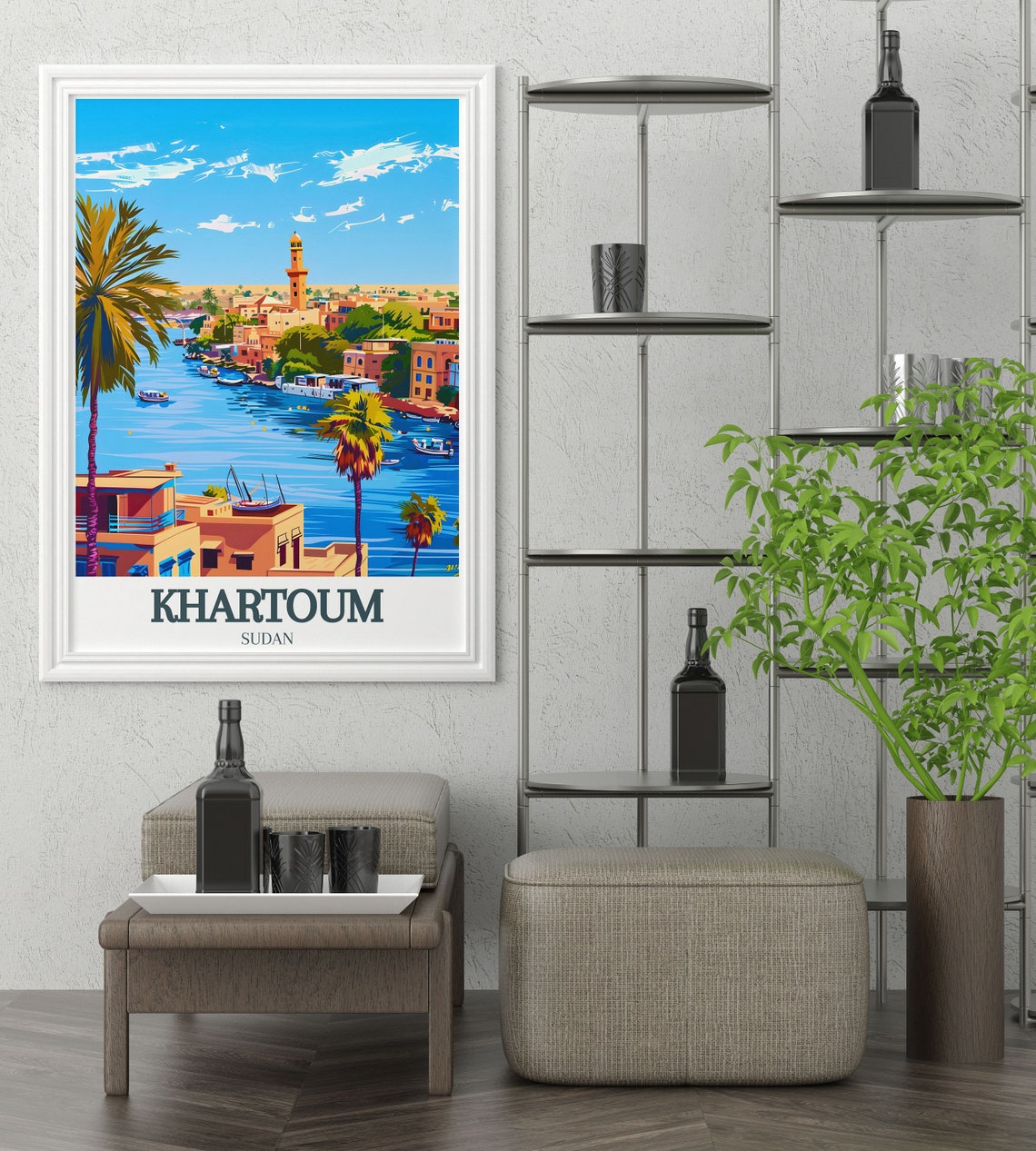 Khartoum Waterfront With Mosque Minaret and Palm Trees Travel Poster - Image 3