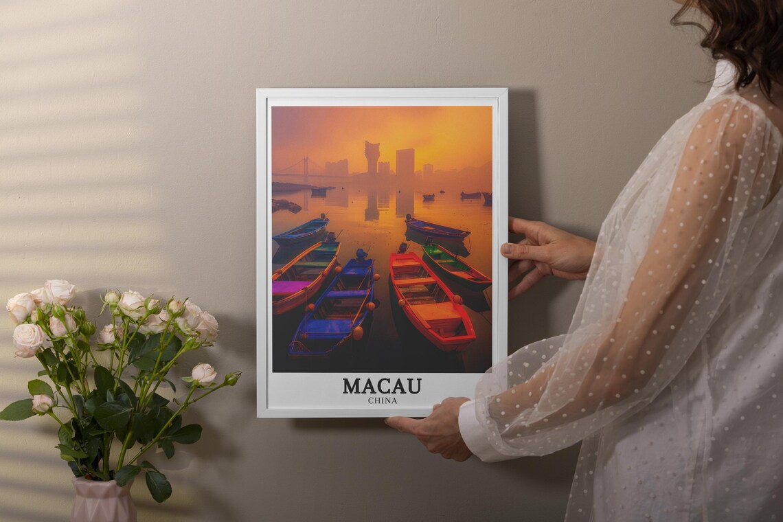 Macau China Colorful Fishing Boats at Golden Harbor Sunrise Poster - Image 2