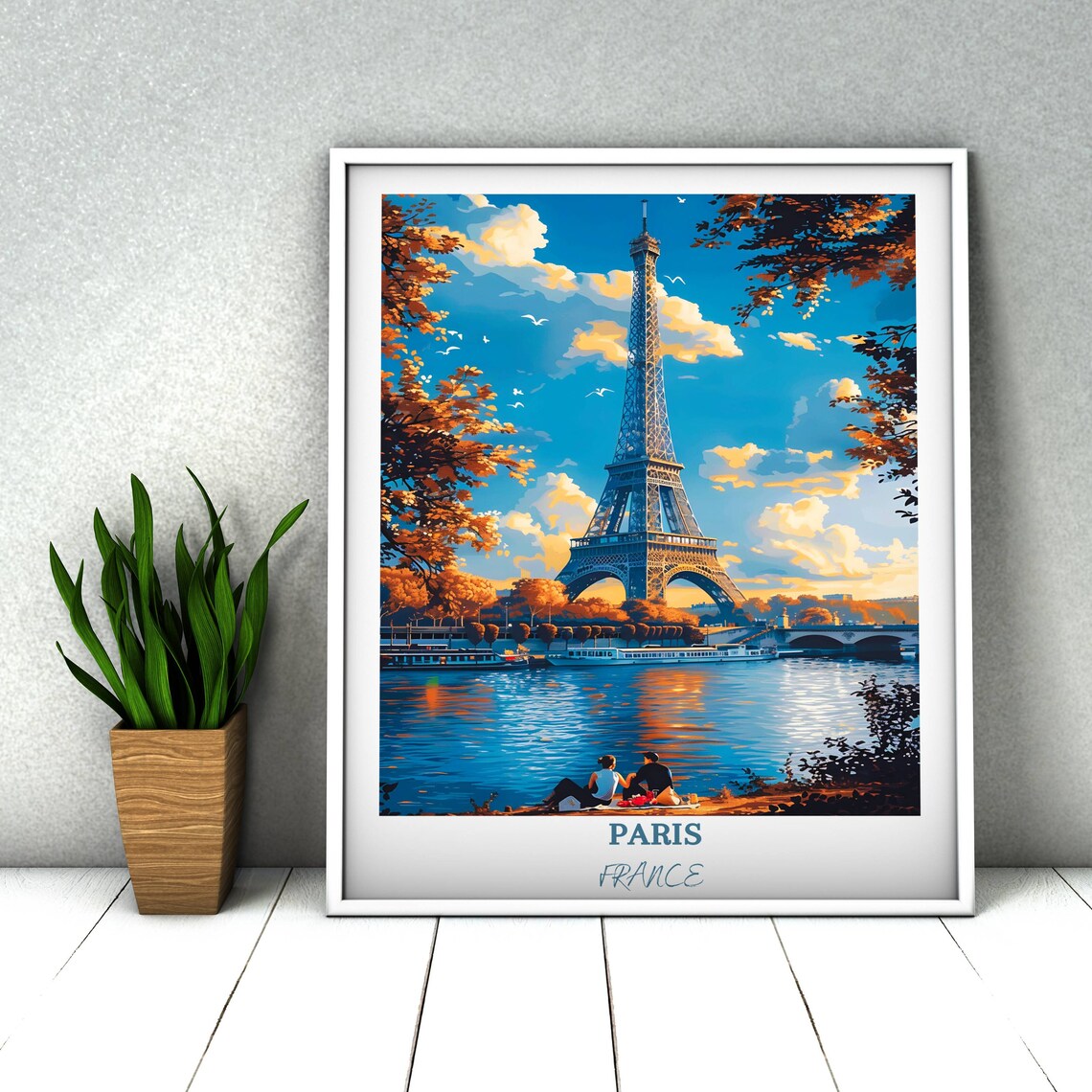 Eiffel Tower Seine River Sunset Couple Picnic Paris Travel Poster - Image 3