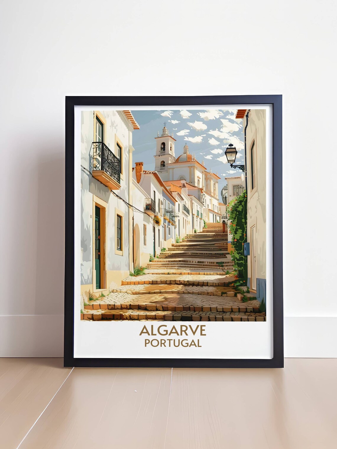 Algarve Portugal Old Town Sunny Cobbled Steps Faro Church Poster - Image 4