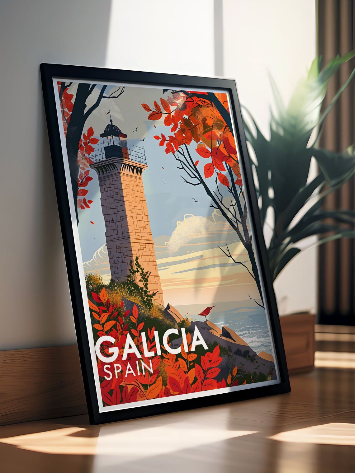 Galicia Spain Stone Lighthouse Framed by Red Autumn Trees Poster - Image 3