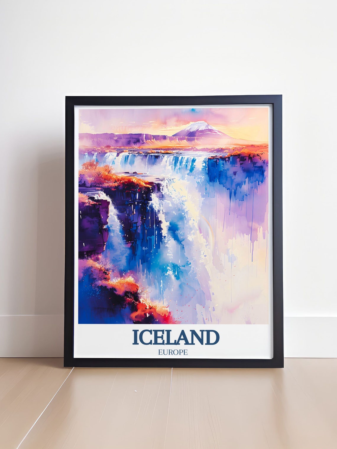 Iceland Skogafoss Waterfall Volcano Purple Dusk Watercolor Poster - Image 4