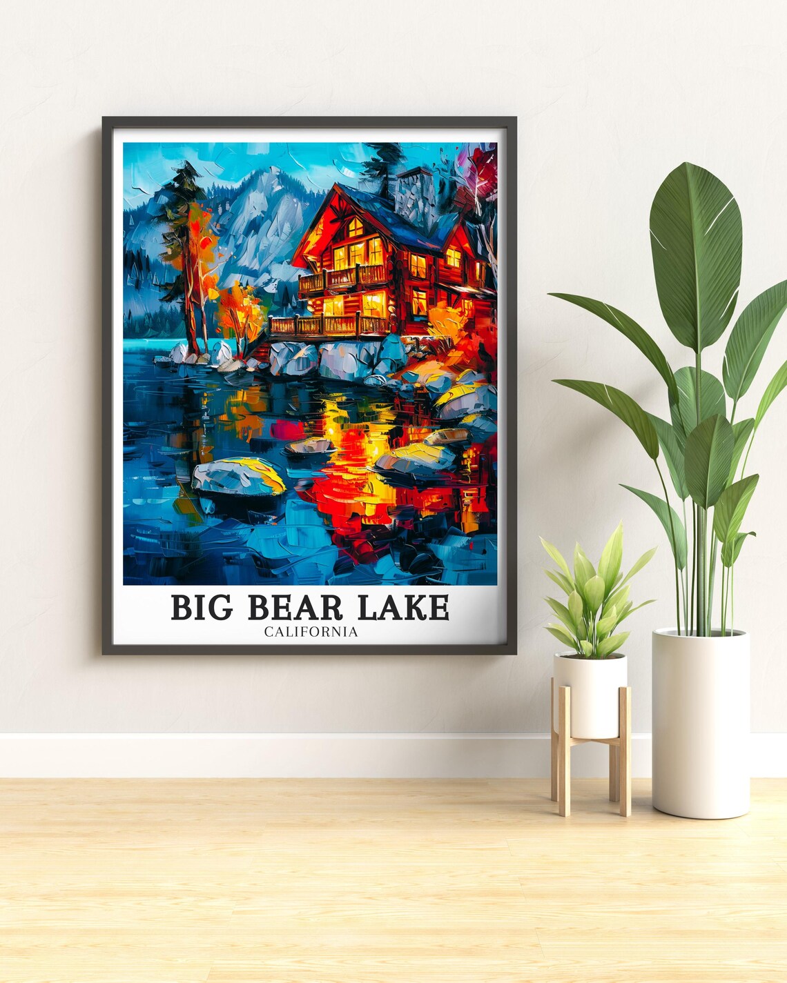 Big Bear Lake California Glowing Lakeside Cabin Autumn Night Art Poster - Image 3