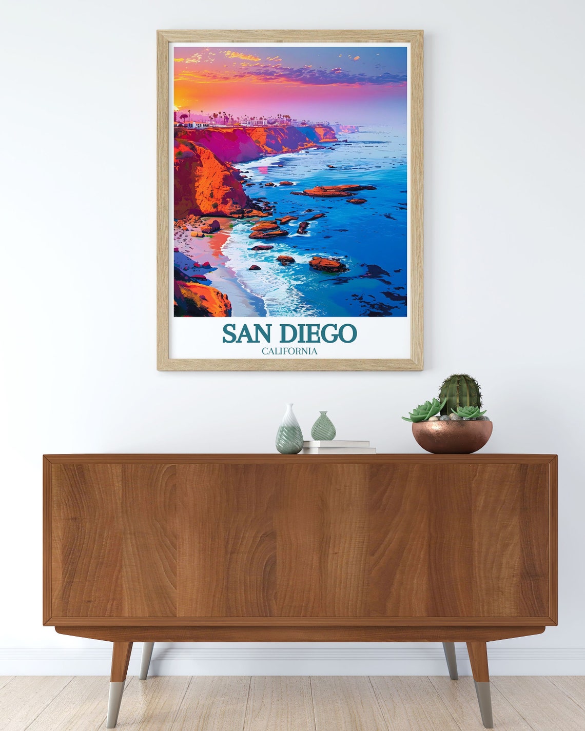 San Diego California Rocky Coastline Sunset Travel Scene Poster - Image 2