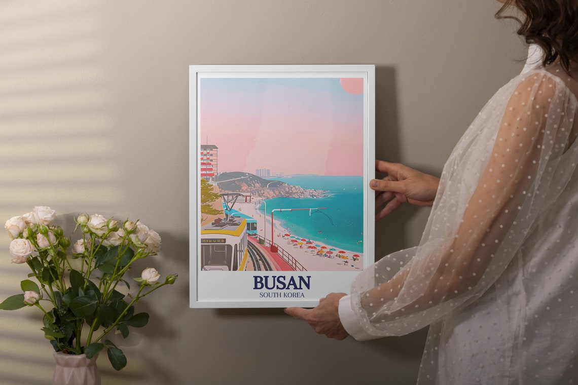 Busan South Korea Coastal Beach Train Umbrellas Scenic Poster - Image 2