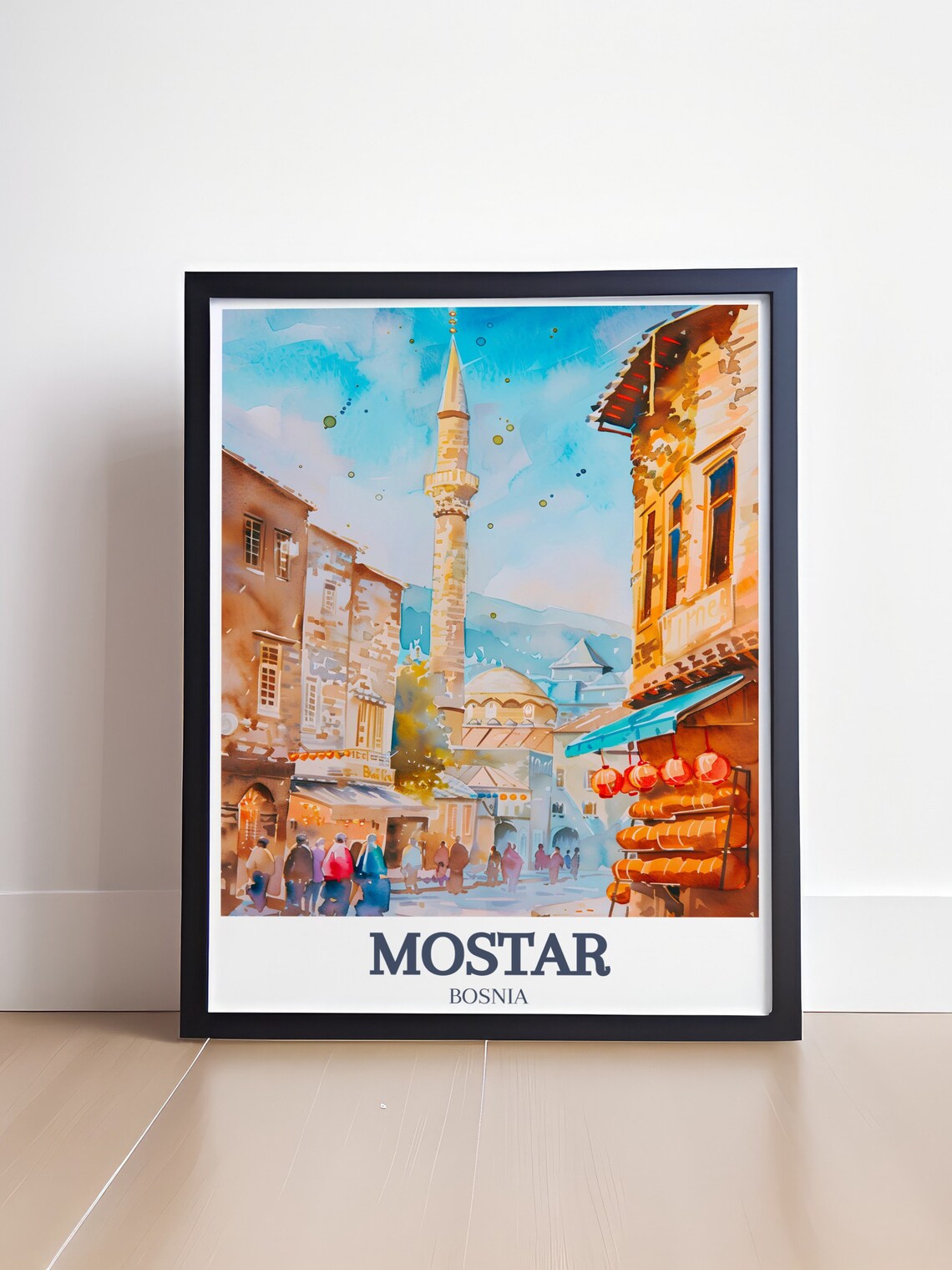 Mostar Old Bazaar Mosque Minaret Street Market Travel Art Poster - Image 4