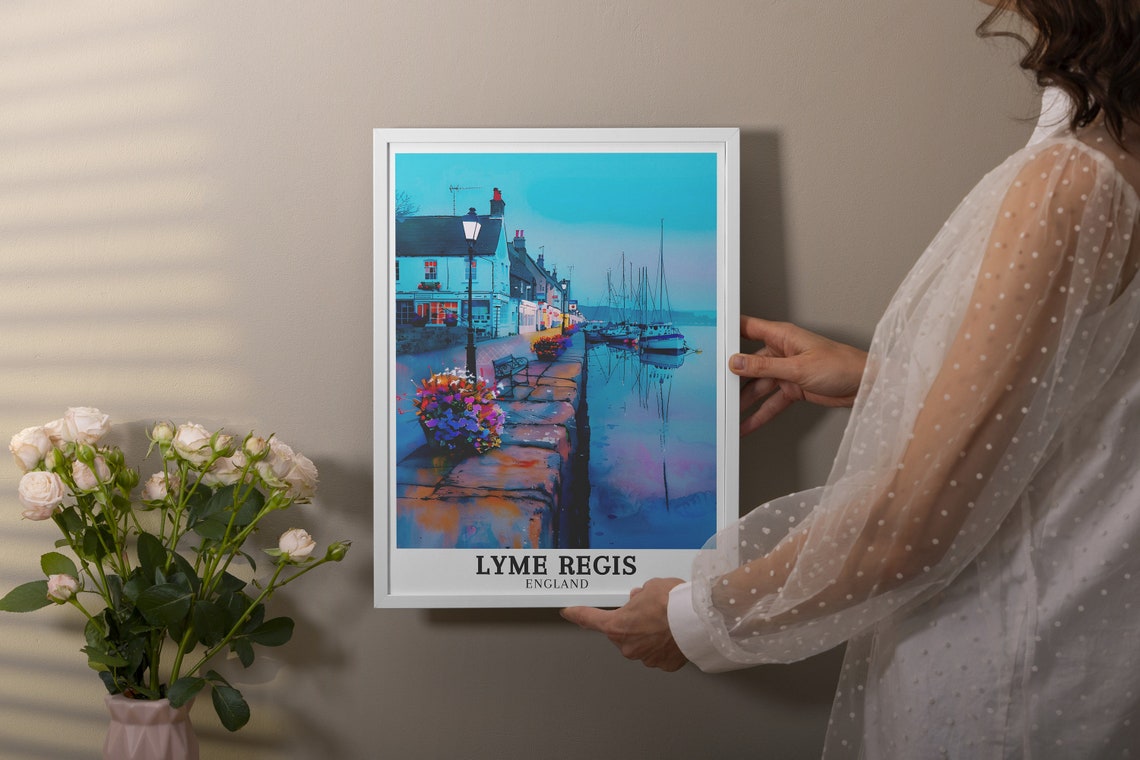 Lyme Regis England Cobb Harbour Dusk Waterfront Watercolor Poster - Image 3