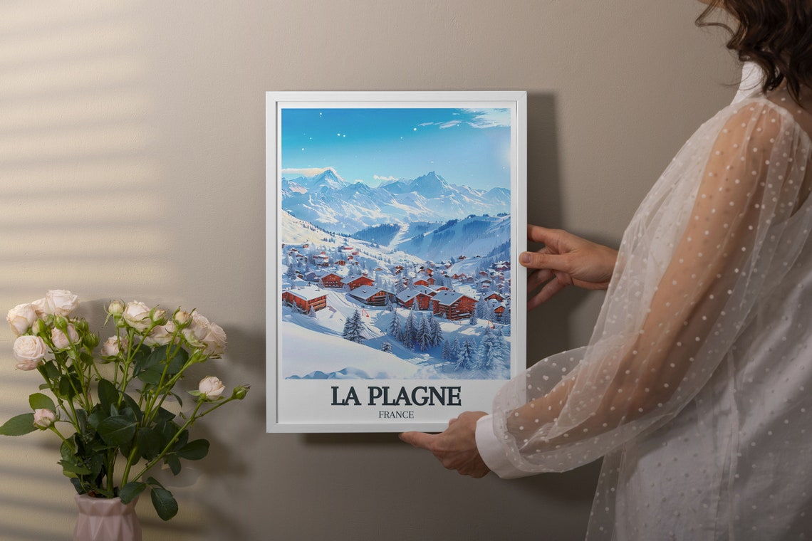 La Plagne Snowy Village Chalets Towering Peaks Winter Magic Poster - Image 3
