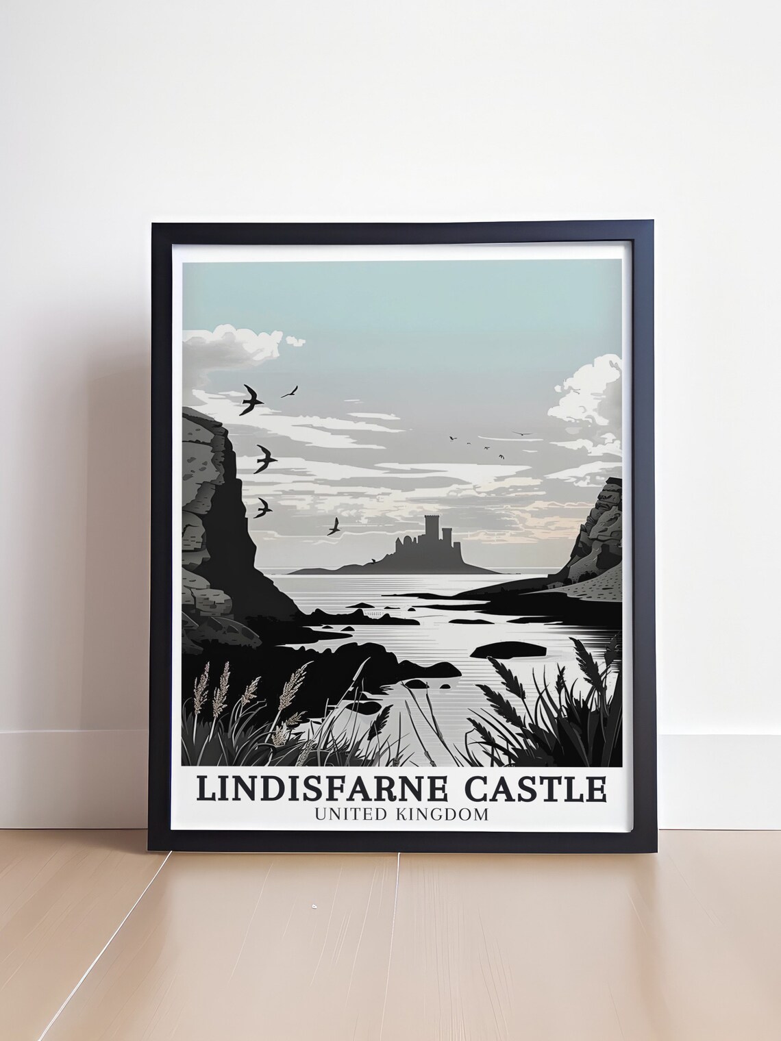 Lindisfarne Castle United Kingdom Monochrome Seascape Bird Art Poster - Image 4