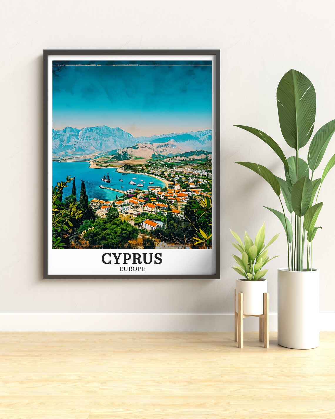 Cyprus Mediterranean Coastal Town Bay and Mountains Travel Poster - Image 2