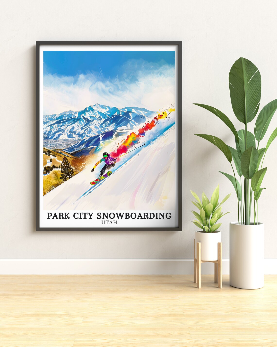 Park City Snowboarding Utah Rainbow Spray Carve Watercolor Poster - Image 3